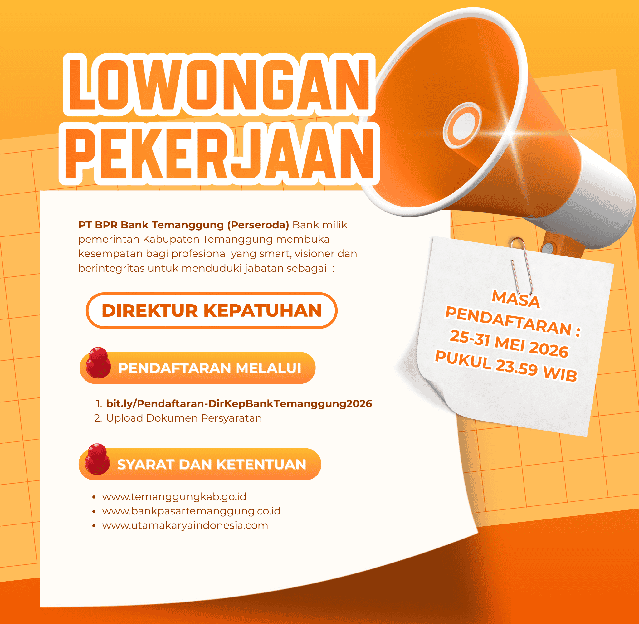 PENGUMUMAN SELEKSI ANGGOTA DIREKSI PT BPR BANK TEMANGGUNG (PERSERODA) TAHUN 2026